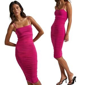 Showpo Coming for You Mesh Ruched Bodycon Midi Dress Magenta Hot Pink NEW 8